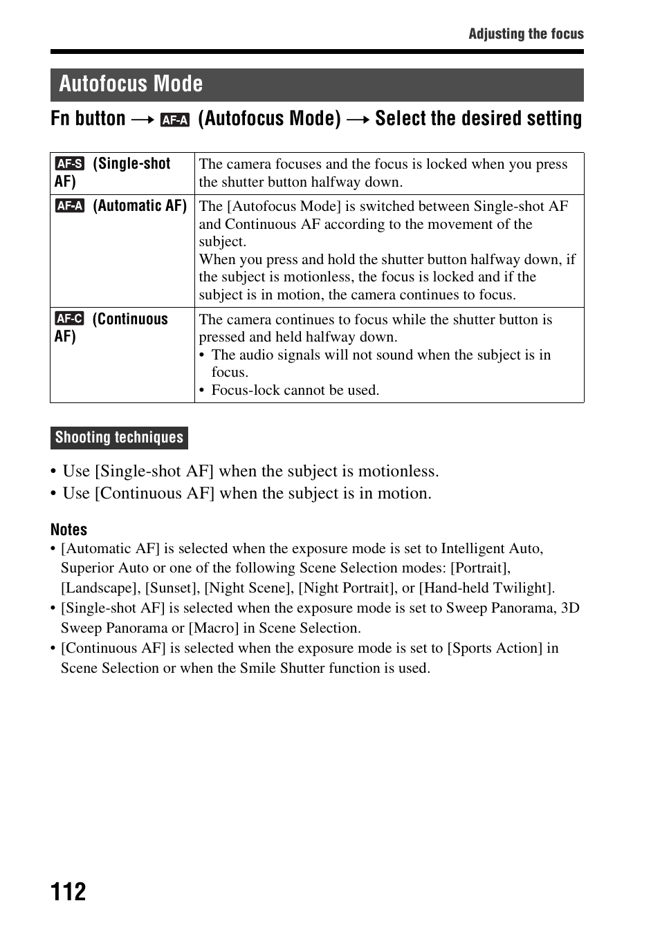 Autofocus mode, Mode (112), Fn button t | Autofocus mode) t select the desired setting | Sony A57 User Manual | Page 112 / 215