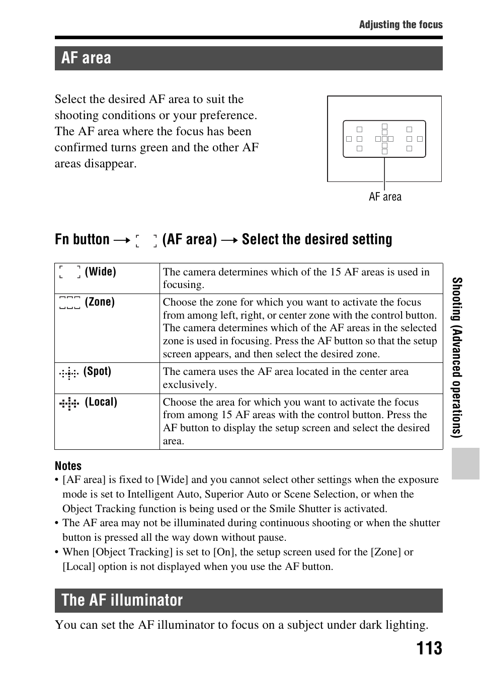 Af area, The af illuminator, Af area the af illuminator | A (113), Ea (113), Fn button t (af area) t select the desired setting | Sony A57 User Manual | Page 113 / 215