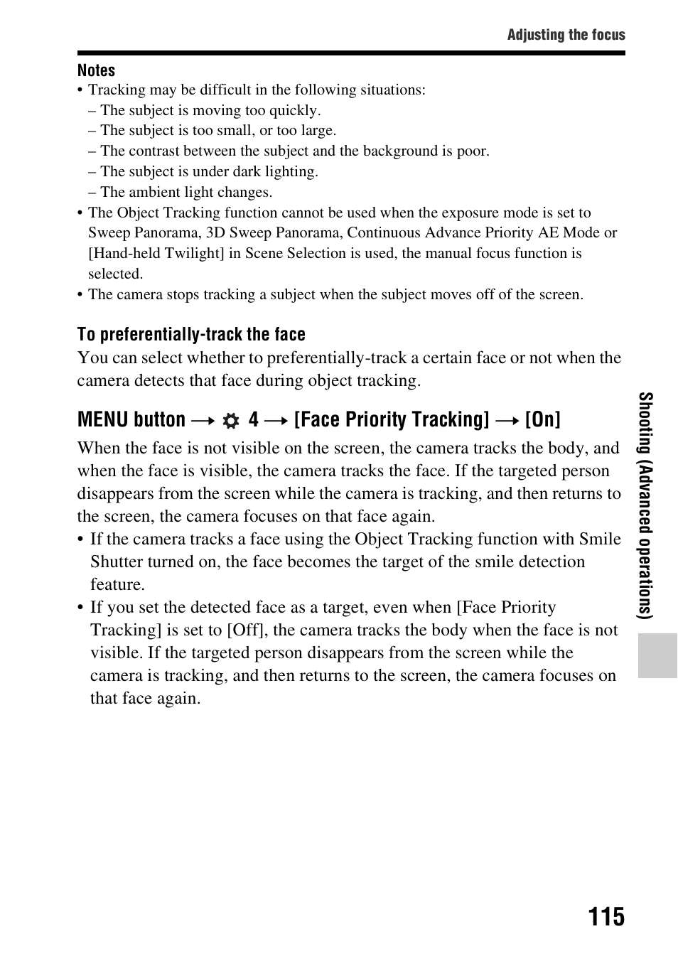 G (115), Menu button t 4 t [face priority tracking] t [on | Sony A57 User Manual | Page 115 / 215