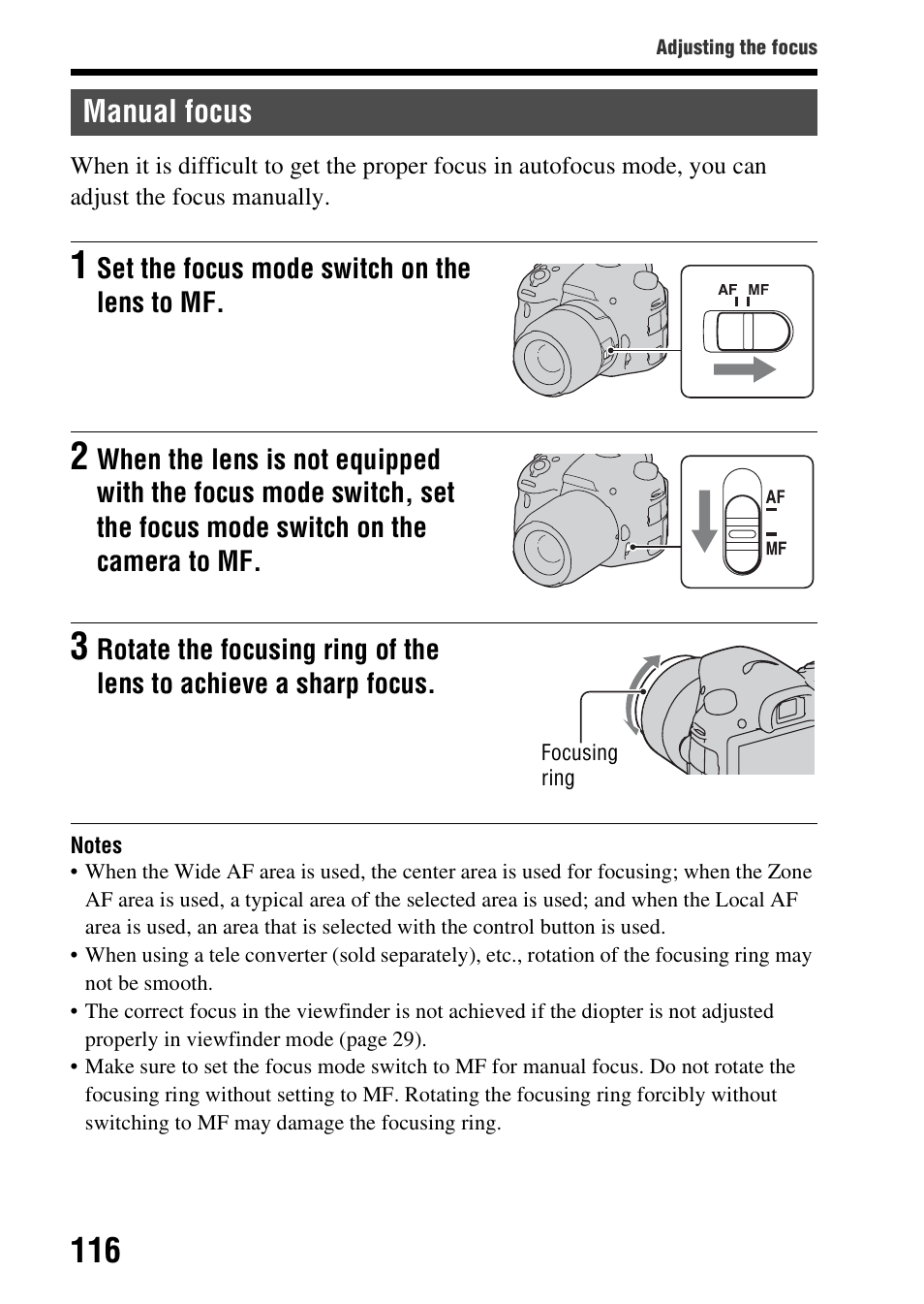 Manual focus | Sony A57 User Manual | Page 116 / 215