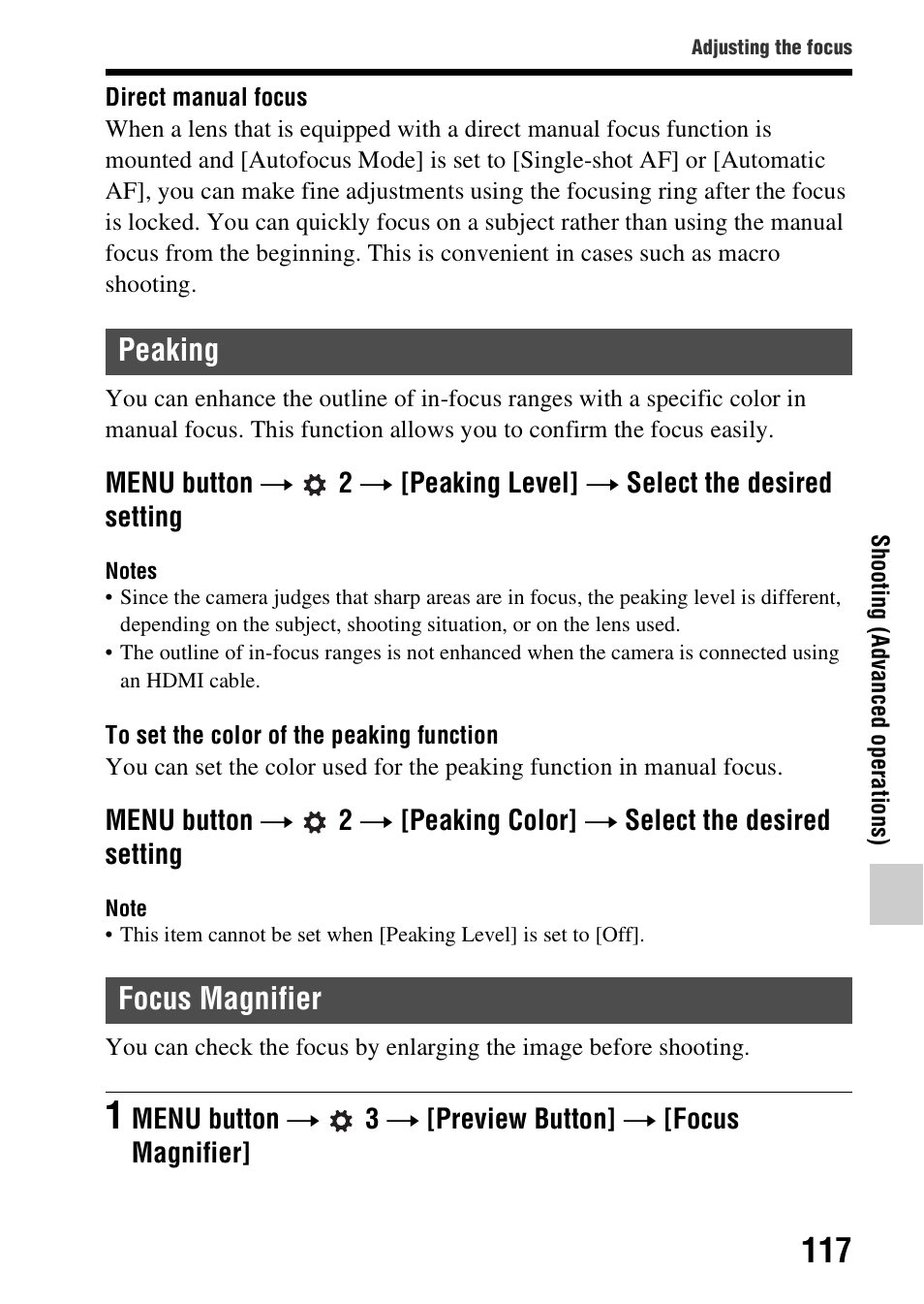 Peaking, Focus magnifier, On (117) | Eaking level (117), Peaking focus magnifier | Sony A57 User Manual | Page 117 / 215