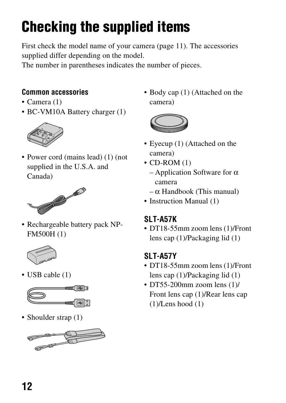 Preparing the camera, Checking the supplied items | Sony A57 User Manual | Page 12 / 215