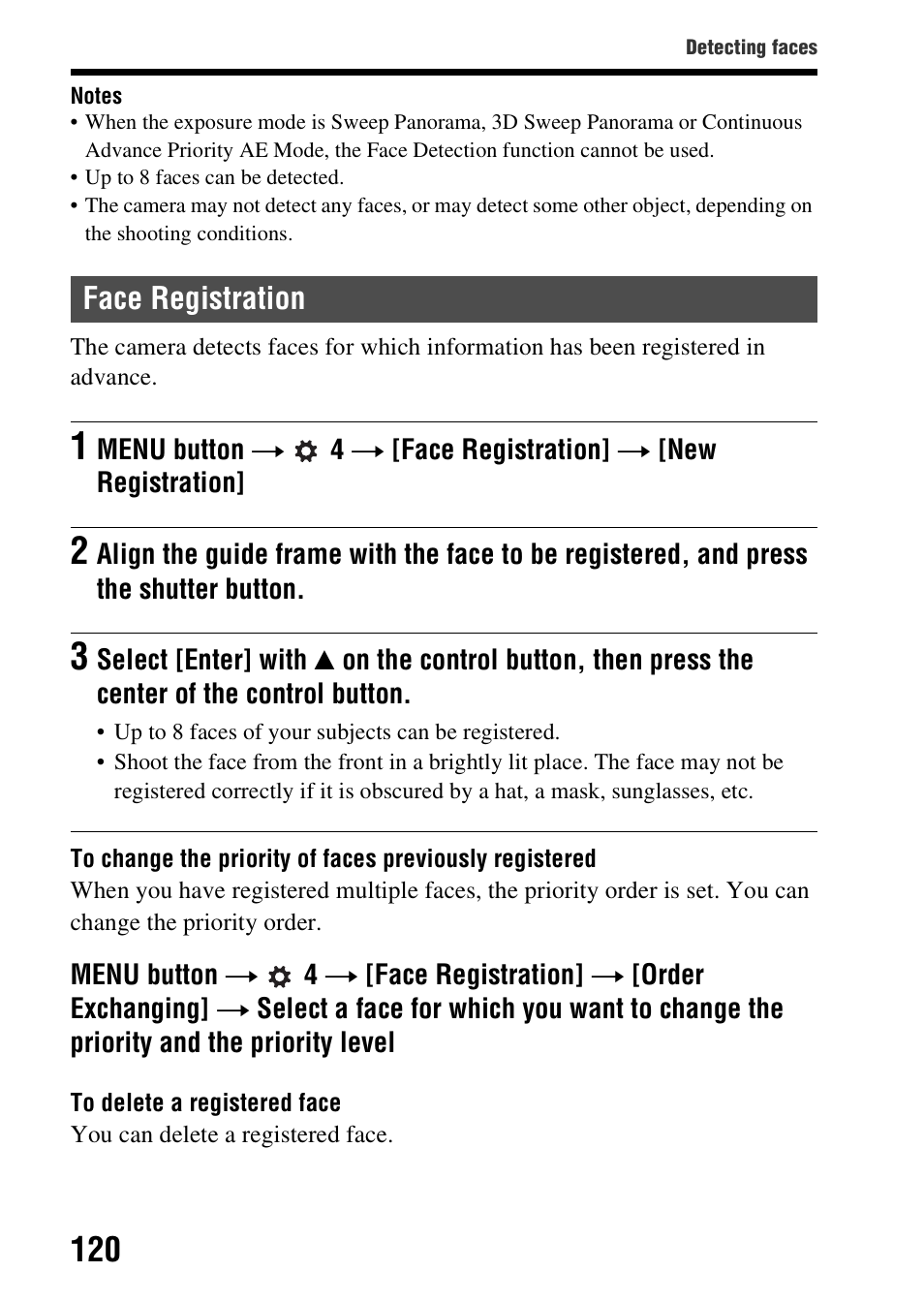 Face registration | Sony A57 User Manual | Page 120 / 215