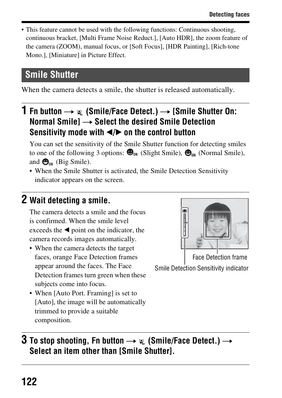 Smile shutter, R (122) | Sony A57 User Manual | Page 122 / 215