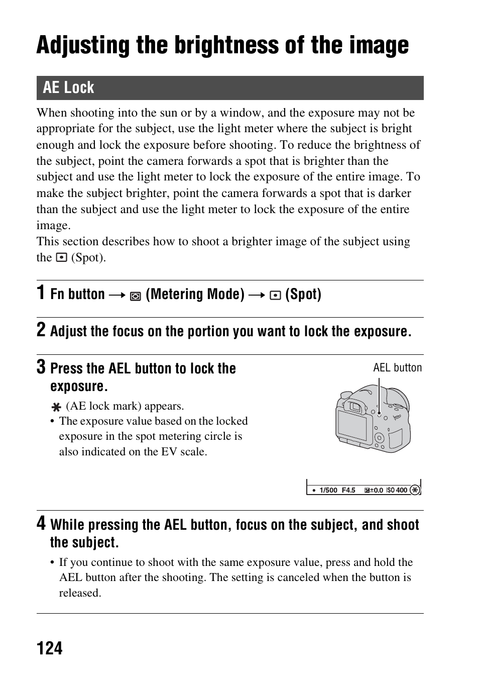 Adjusting the brightness of the image, Ae lock, Ton (124) | Sony A57 User Manual | Page 124 / 215