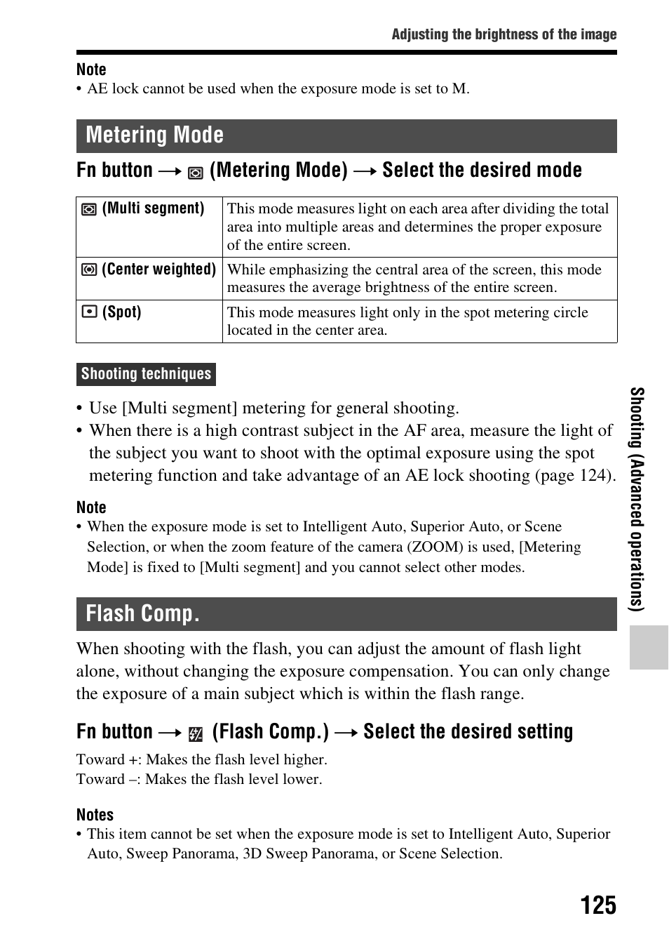 Metering mode, Flash comp, Metering mode flash comp | E (125), Ea (125), Ng mode (125), On (125) | Sony A57 User Manual | Page 125 / 215