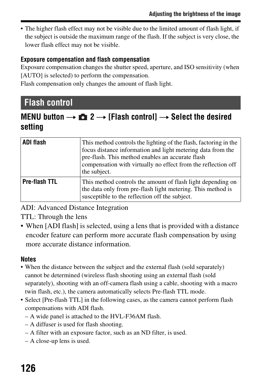 Flash control, Ol (126) | Sony A57 User Manual | Page 126 / 215