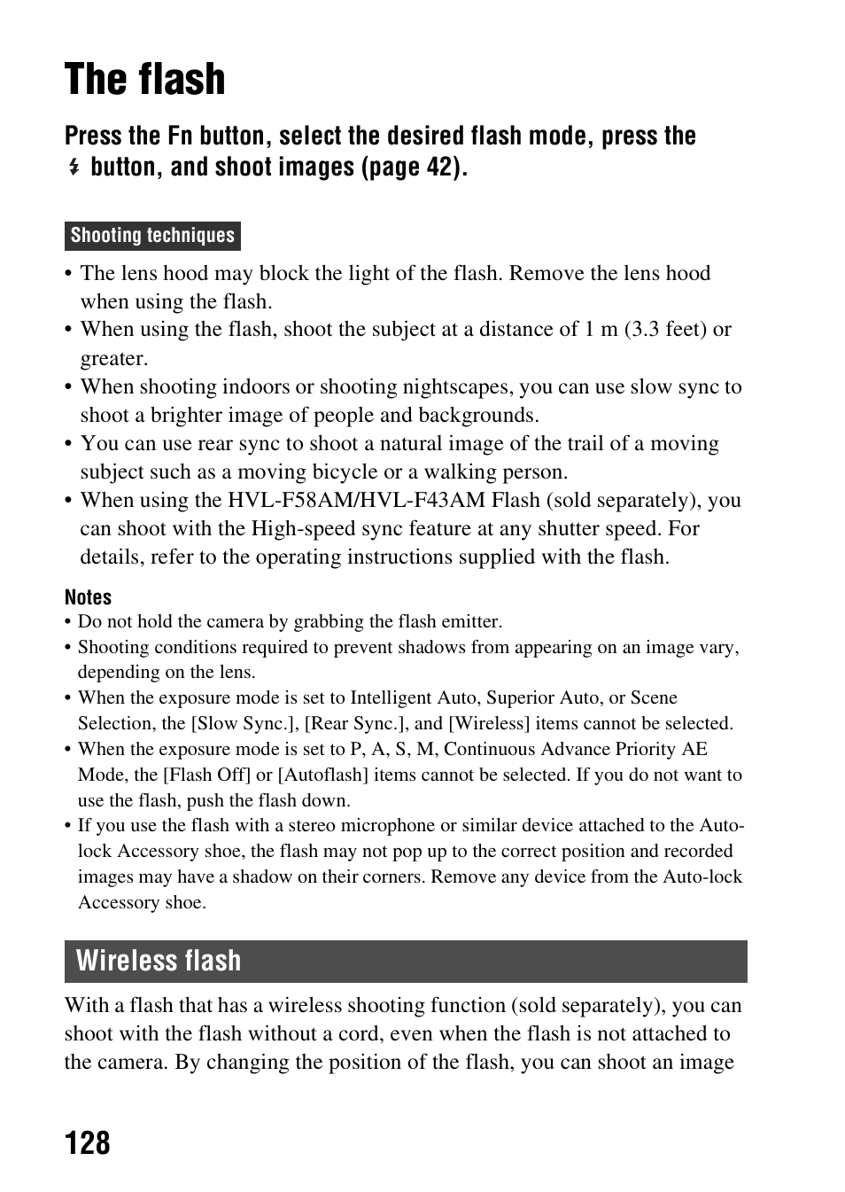 The flash, Wireless flash | Sony A57 User Manual | Page 128 / 215