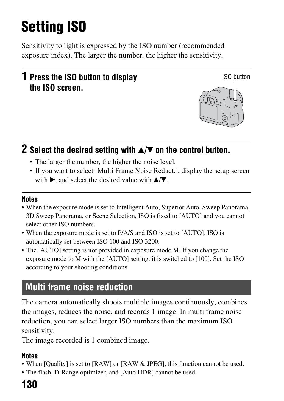 Setting iso, Multi frame noise reduction, N (130 | Button (130), Y (130) | Sony A57 User Manual | Page 130 / 215