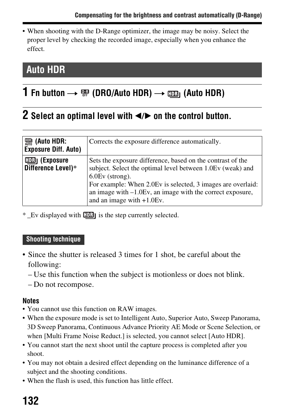 Auto hdr, Ng (132), Fn button t (dro/auto hdr) t (auto hdr) | Sony A57 User Manual | Page 132 / 215