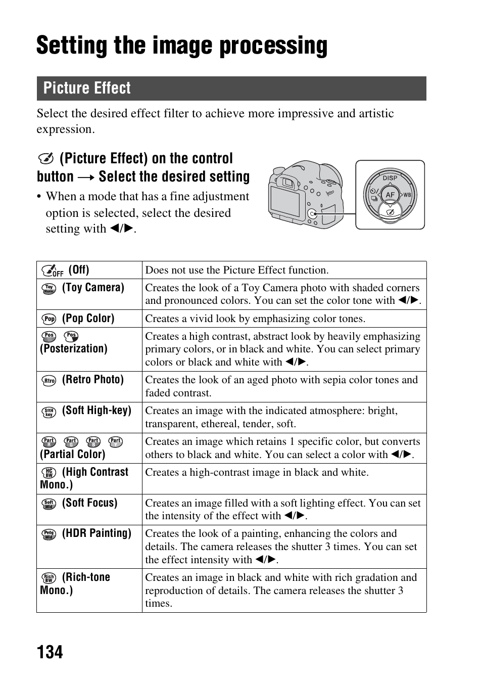 Setting the image processing, Picture effect, Fect (134) | Ect (134) | Sony A57 User Manual | Page 134 / 215