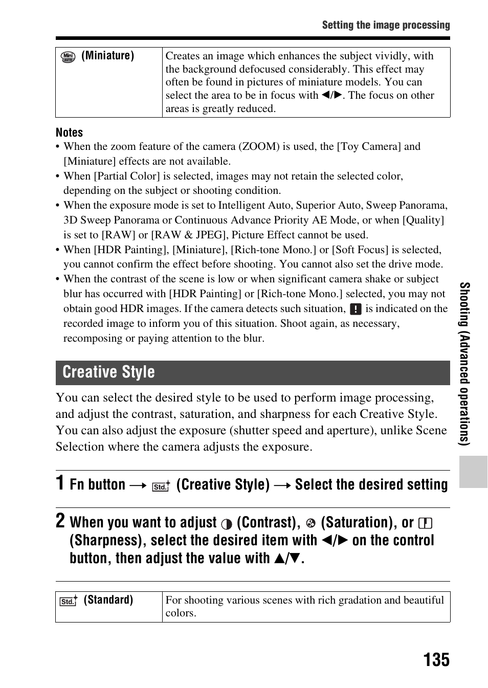 Creative style, Yle (135), E (135) | Fn button t, Creative style) t select the desired setting | Sony A57 User Manual | Page 135 / 215