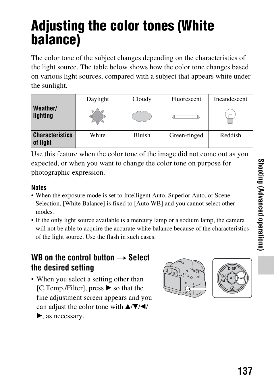 Adjusting the color tones (white balance), Lance (137) | Sony A57 User Manual | Page 137 / 215