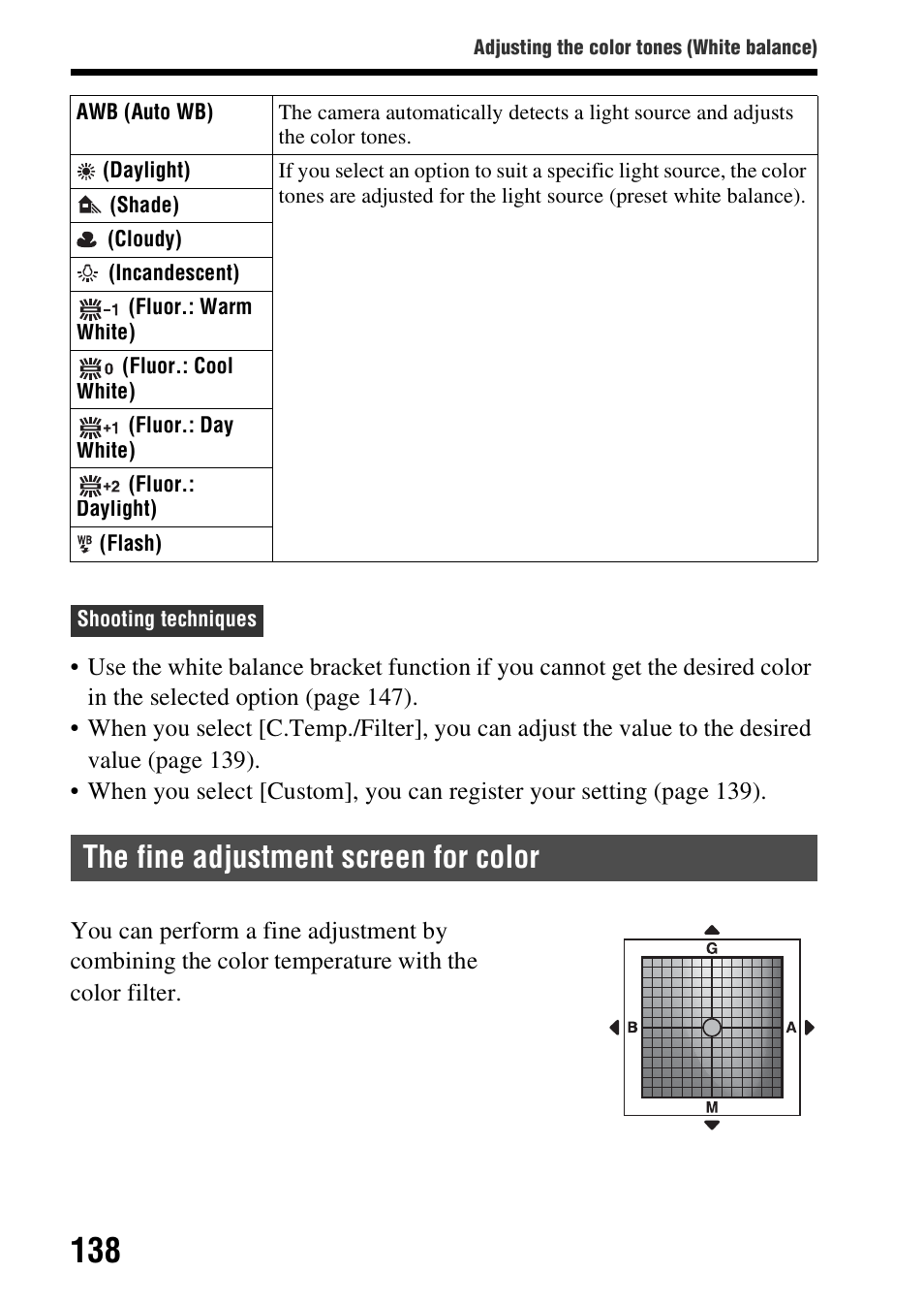 The fine adjustment screen for color | Sony A57 User Manual | Page 138 / 215