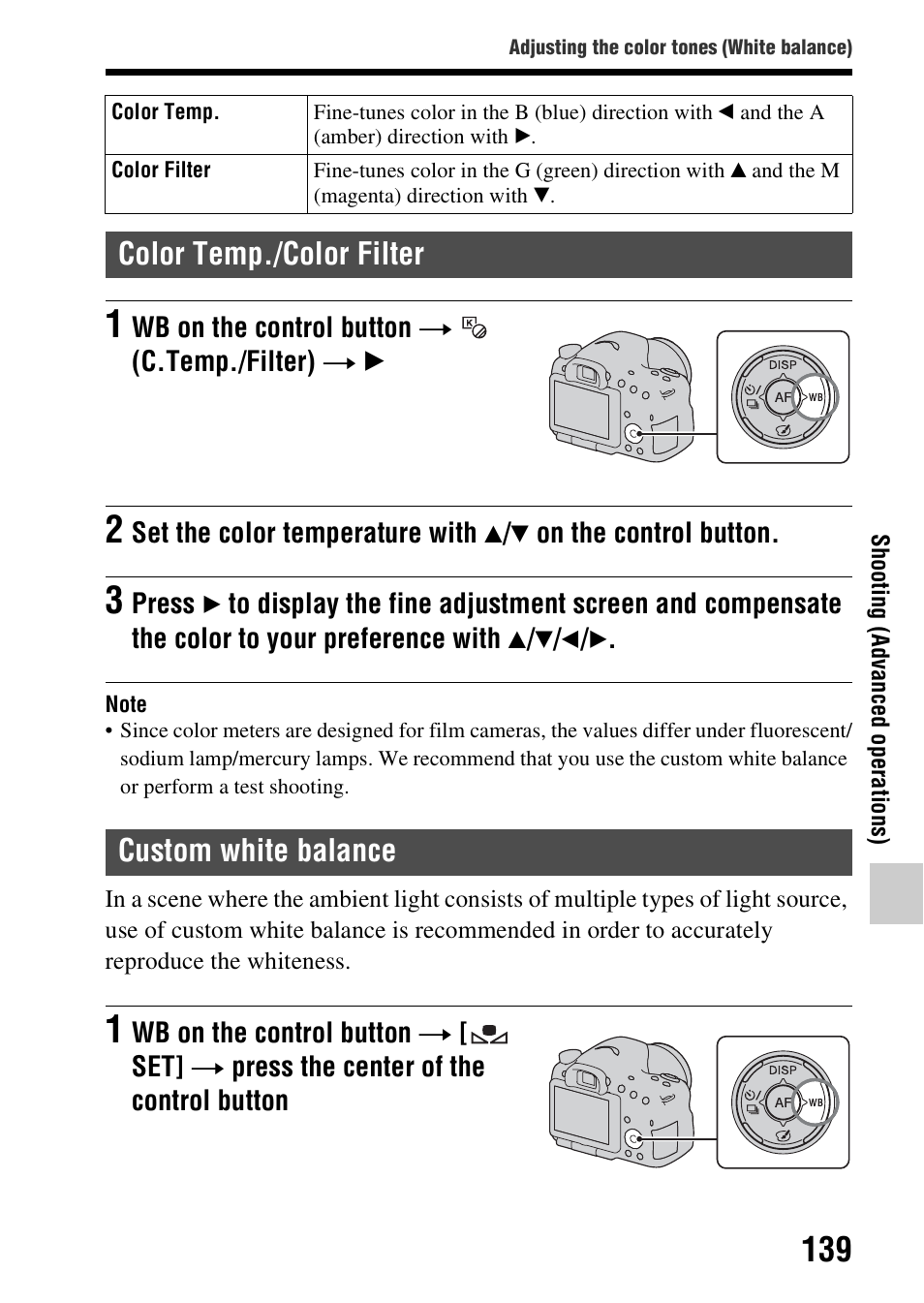 Color temp./color filter, Custom white balance, Color temp./color filter custom white balance | Sony A57 User Manual | Page 139 / 215