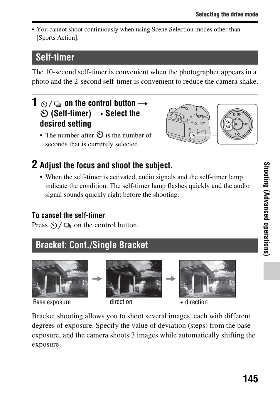 Self-timer, Bracket: cont./single bracket, Self-timer bracket: cont./single bracket | Sony A57 User Manual | Page 145 / 215