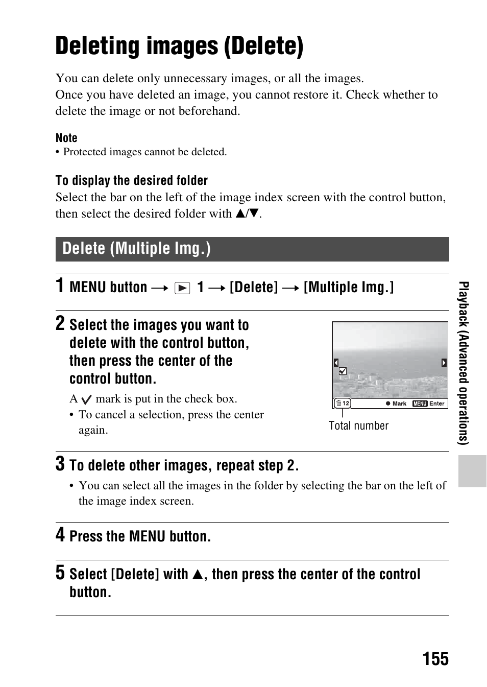 Deleting images (delete), Delete (multiple img.) | Sony A57 User Manual | Page 155 / 215