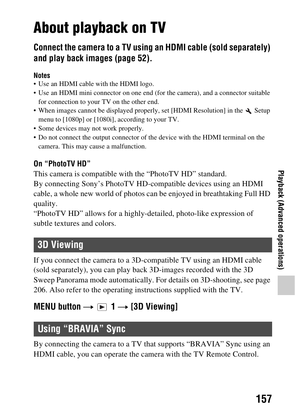 About playback on tv, 3d viewing, Using “bravia” sync | 3d viewing using “bravia” sync | Sony A57 User Manual | Page 157 / 215