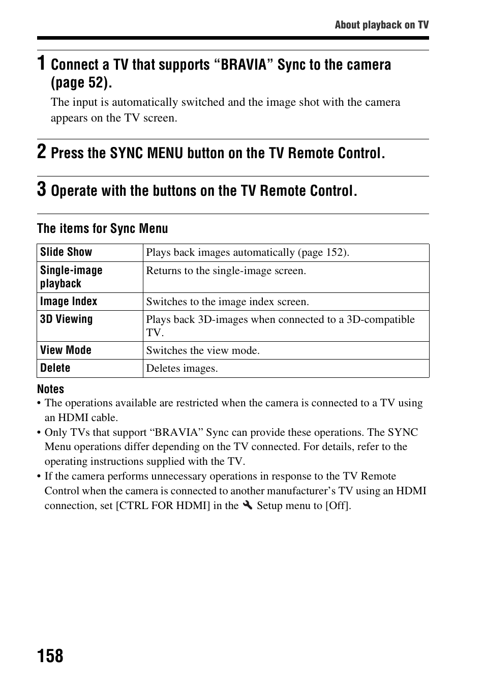 Operate with the buttons on the tv remote control | Sony A57 User Manual | Page 158 / 215