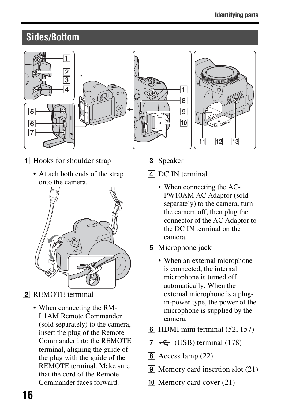 Sides/bottom | Sony A57 User Manual | Page 16 / 215