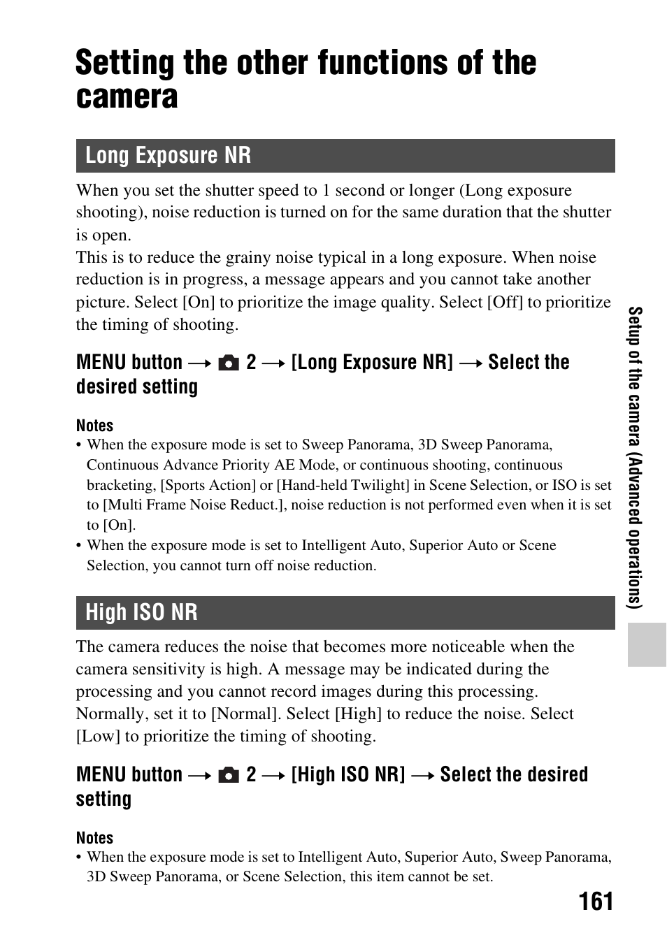 Setting the other functions of the camera, Long exposure nr, High iso nr | Long exposure nr high iso nr | Sony A57 User Manual | Page 161 / 215