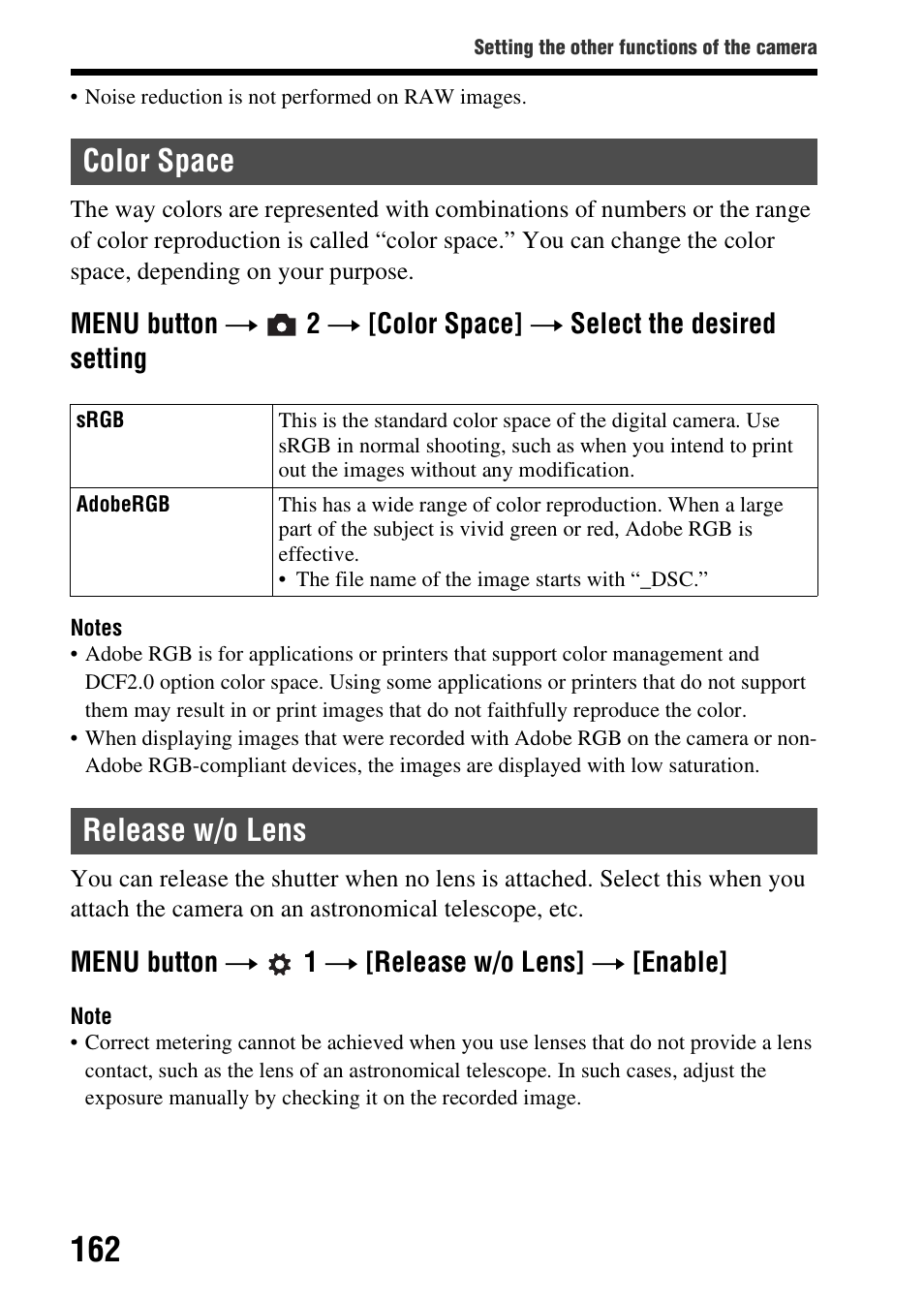 Color space, Release w/o lens, Color space release w/o lens | Pace (162), Menu button t 1 t [release w/o lens] t [enable | Sony A57 User Manual | Page 162 / 215