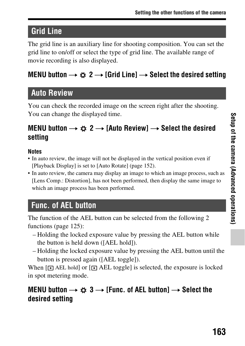 Grid line, Auto review, Func. of ael button | Grid line auto review func. of ael button, Id line (163) | Sony A57 User Manual | Page 163 / 215