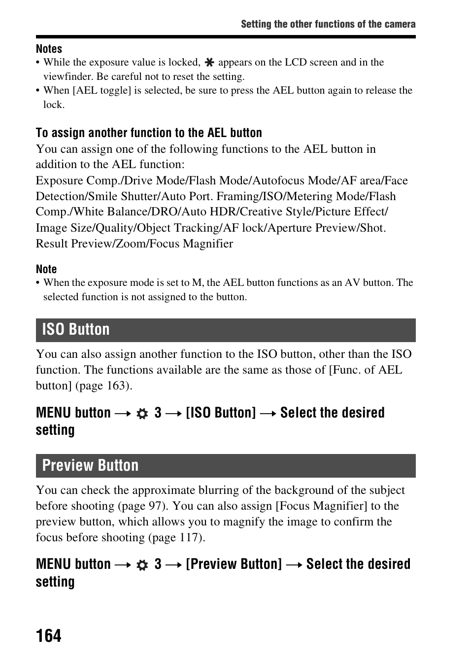 Iso button, Preview button, Iso button preview button | On (164) | Sony A57 User Manual | Page 164 / 215