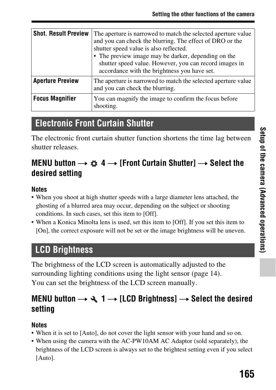 Electronic front curtain shutter, Lcd brightness, Electronic front curtain shutter lcd brightness | Sony A57 User Manual | Page 165 / 215