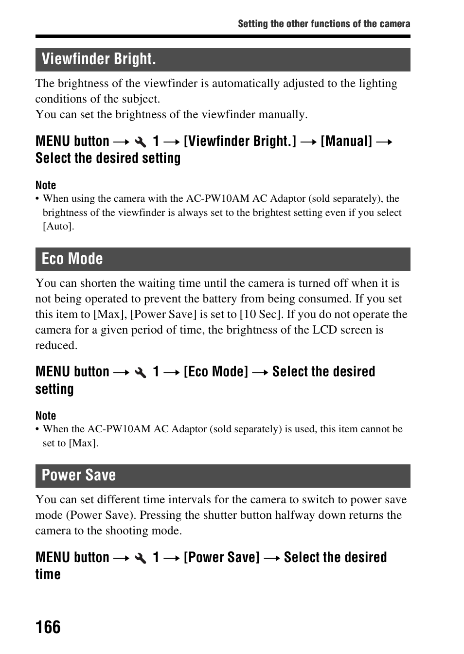 Viewfinder bright, Eco mode, Power save | Viewfinder bright eco mode power save, E (166), Save (166), Viewfinder bright. eco mode power save | Sony A57 User Manual | Page 166 / 215