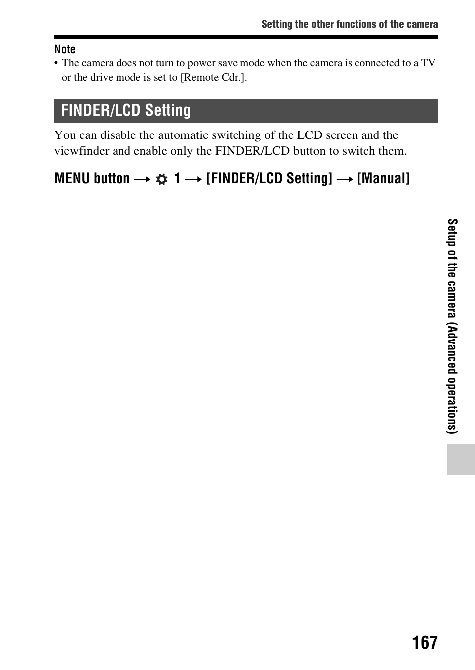 Finder/lcd setting, N (167), On (167) | Sony A57 User Manual | Page 167 / 215