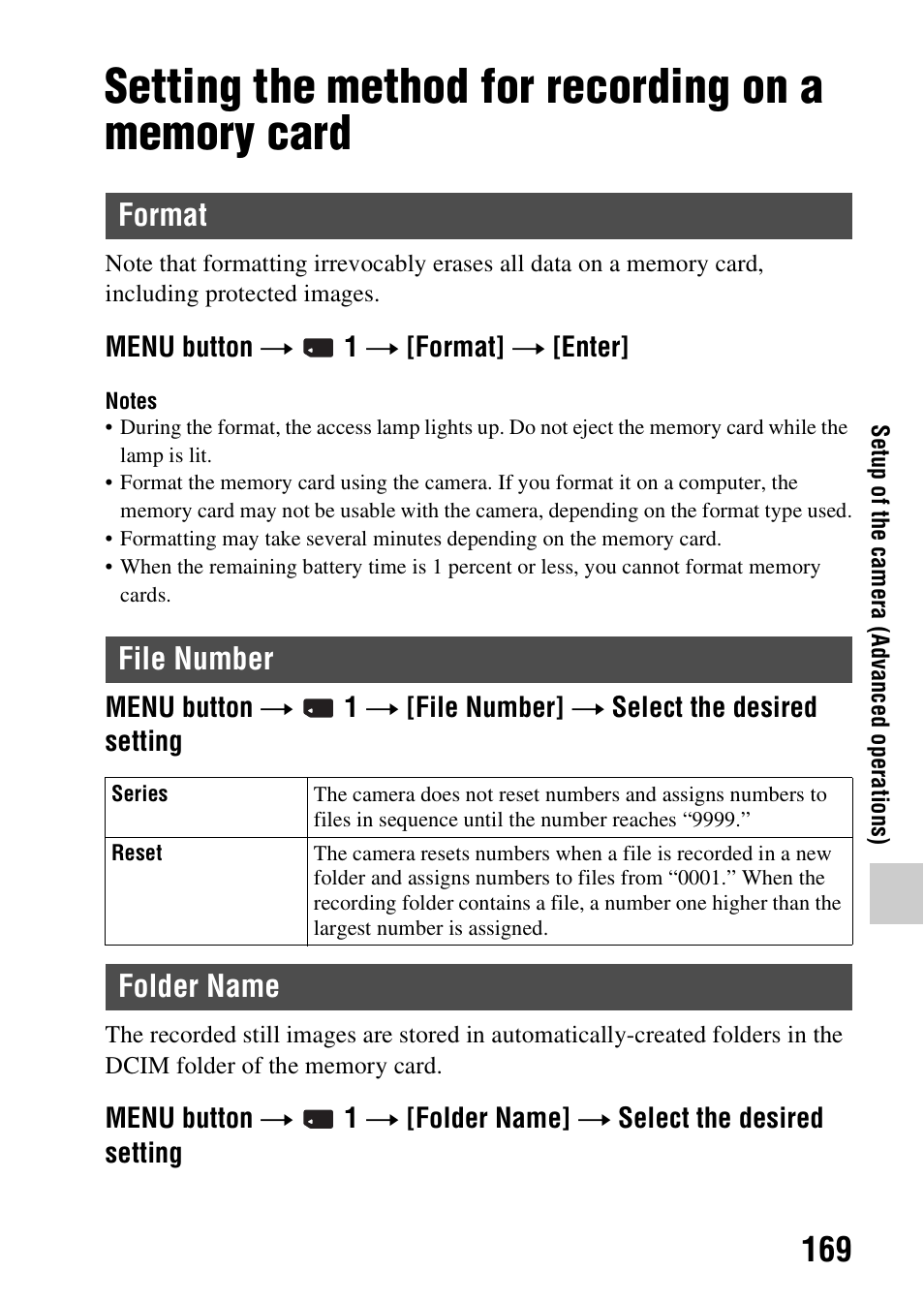 Setting the method for recording on a memory card, Format, File number | Folder name, Format file number folder name, Ame (169), Format file number | Sony A57 User Manual | Page 169 / 215