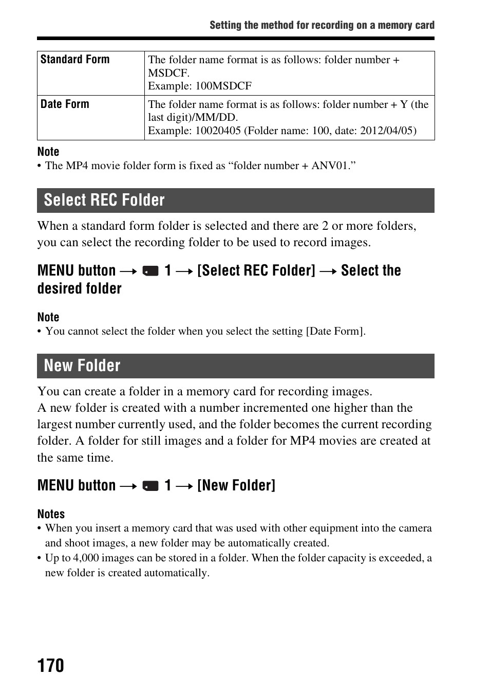 Select rec folder, New folder, Select rec folder new folder | Menu button t 1 t [new folder | Sony A57 User Manual | Page 170 / 215