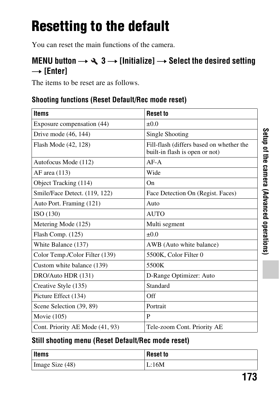 Resetting to the default, E (173) | Sony A57 User Manual | Page 173 / 215