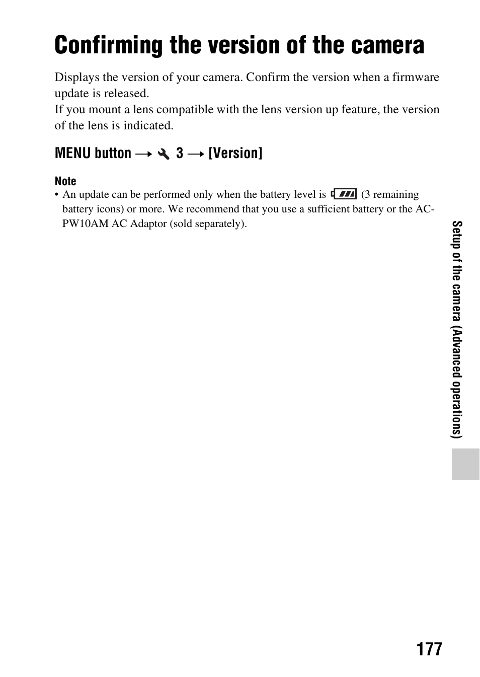 Confirming the version of the camera, Ion (177) | Sony A57 User Manual | Page 177 / 215