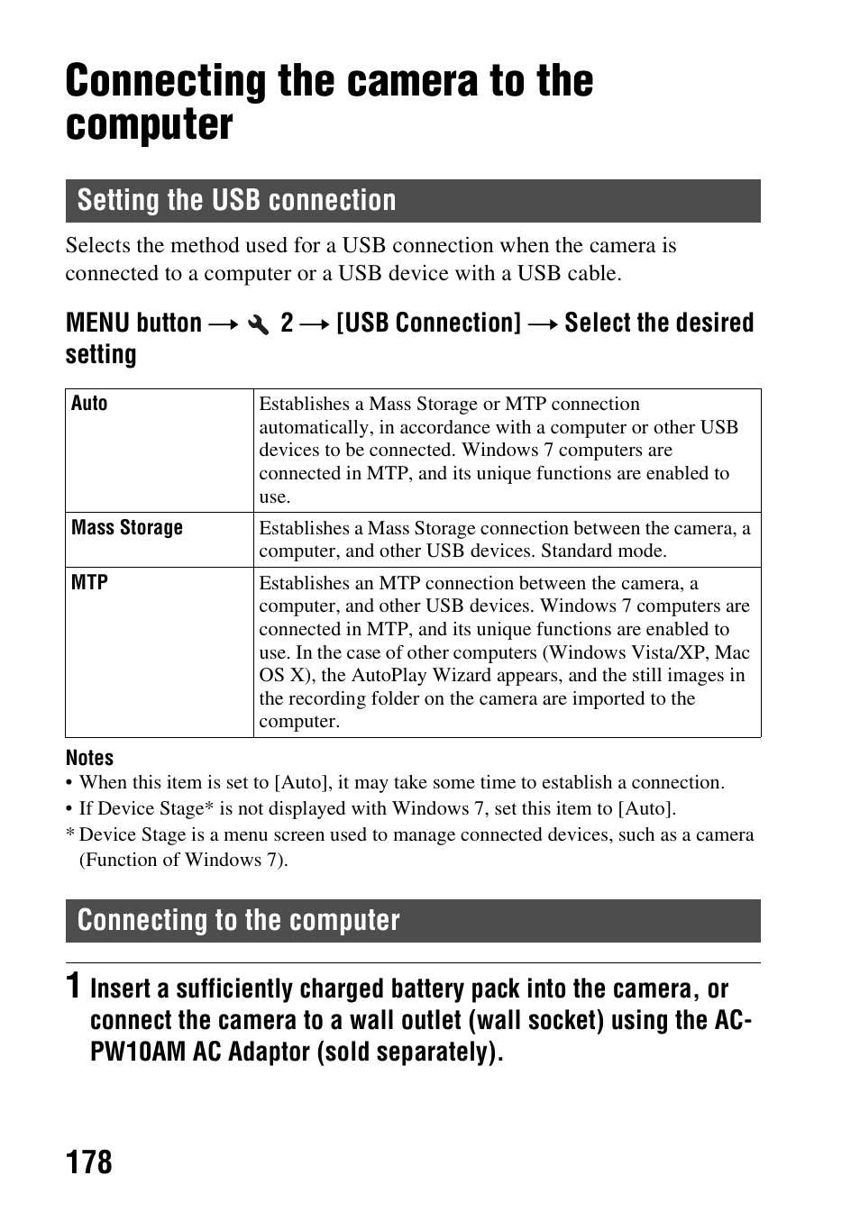 Computer, Connecting the camera to the computer, Setting the usb connection | Connecting to the computer, On (178), Computer (advanced operations) | Sony A57 User Manual | Page 178 / 215