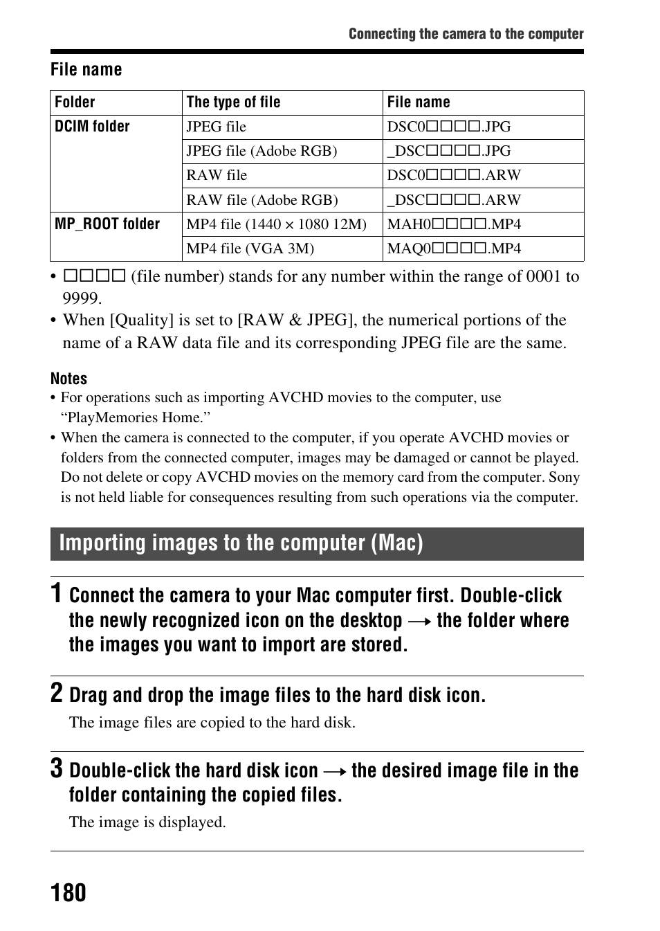 Importing images to the computer (mac) | Sony A57 User Manual | Page 180 / 215