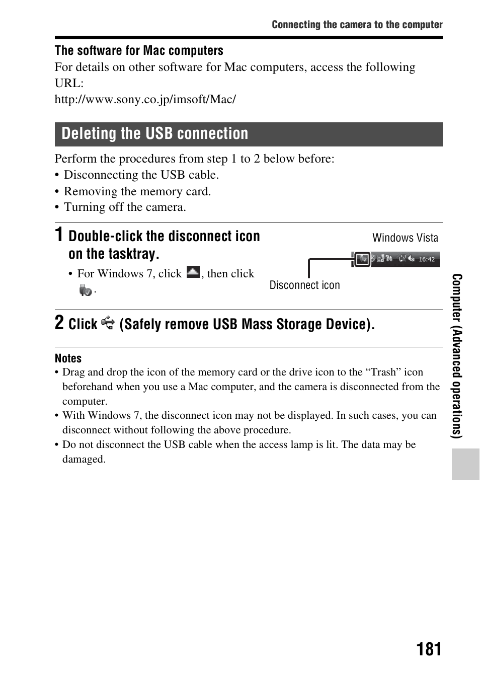 Deleting the usb connection | Sony A57 User Manual | Page 181 / 215