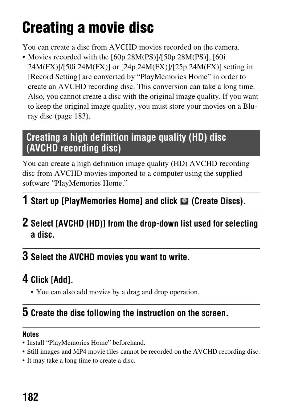Creating a movie disc, Creating a high definition image quality (hd) disc, Avchd recording disc) | Sony A57 User Manual | Page 182 / 215
