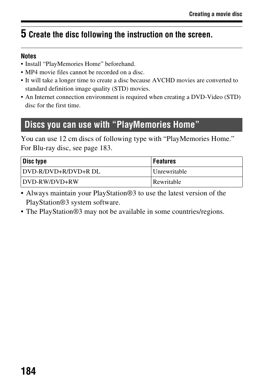 Discs you can use with “playmemories home | Sony A57 User Manual | Page 184 / 215