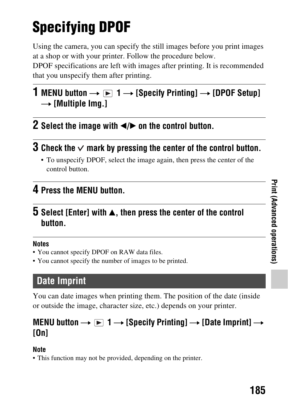 Print, Specifying dpof, Date imprint | Sony A57 User Manual | Page 185 / 215