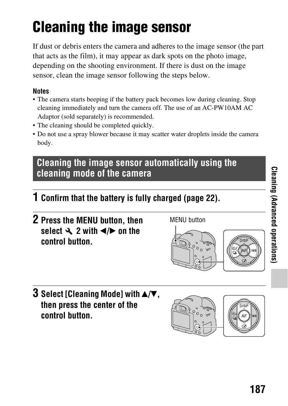 Cleaning the image sensor, Aning mode (187) | Sony A57 User Manual | Page 187 / 215