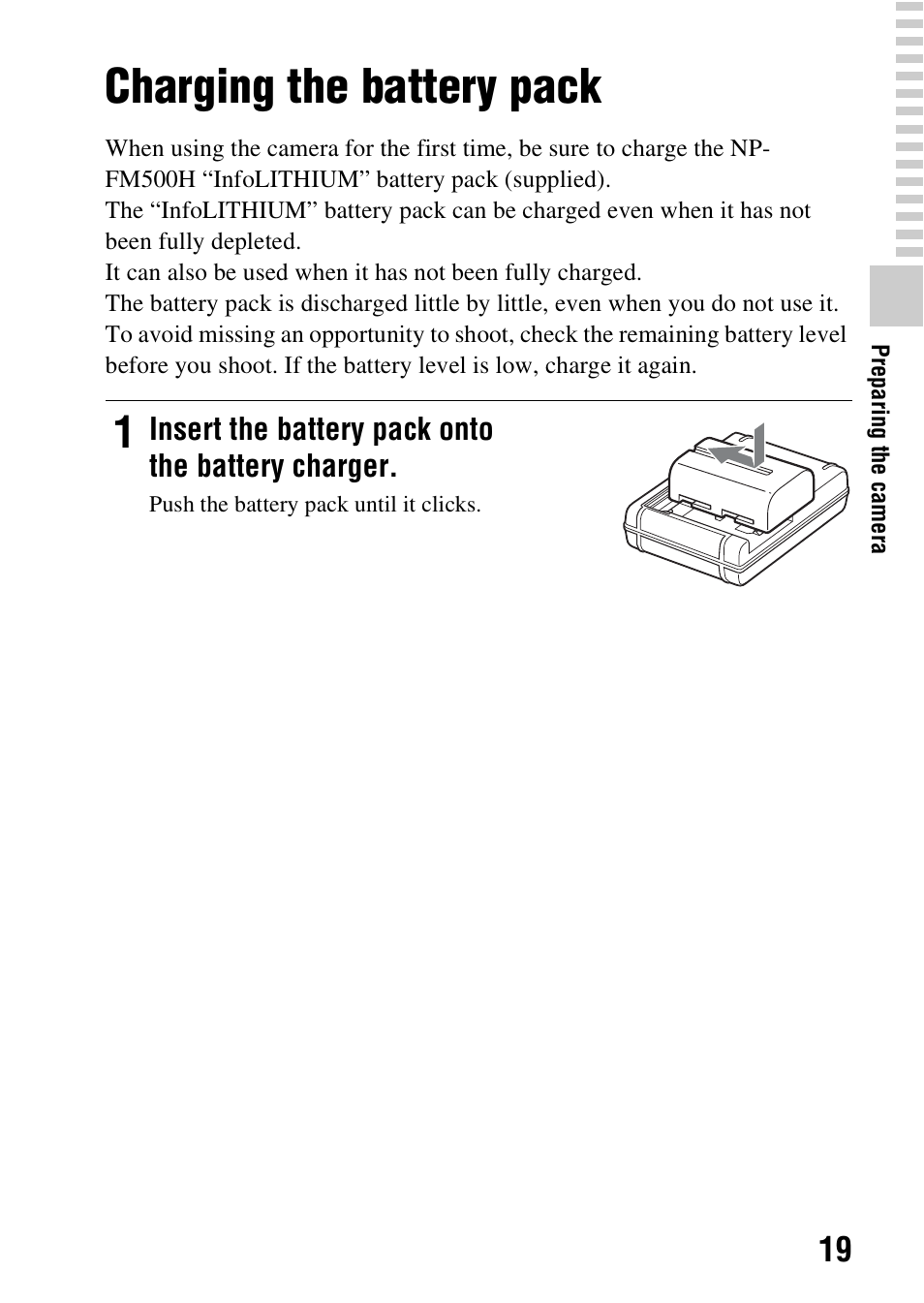Charging the battery pack | Sony A57 User Manual | Page 19 / 215