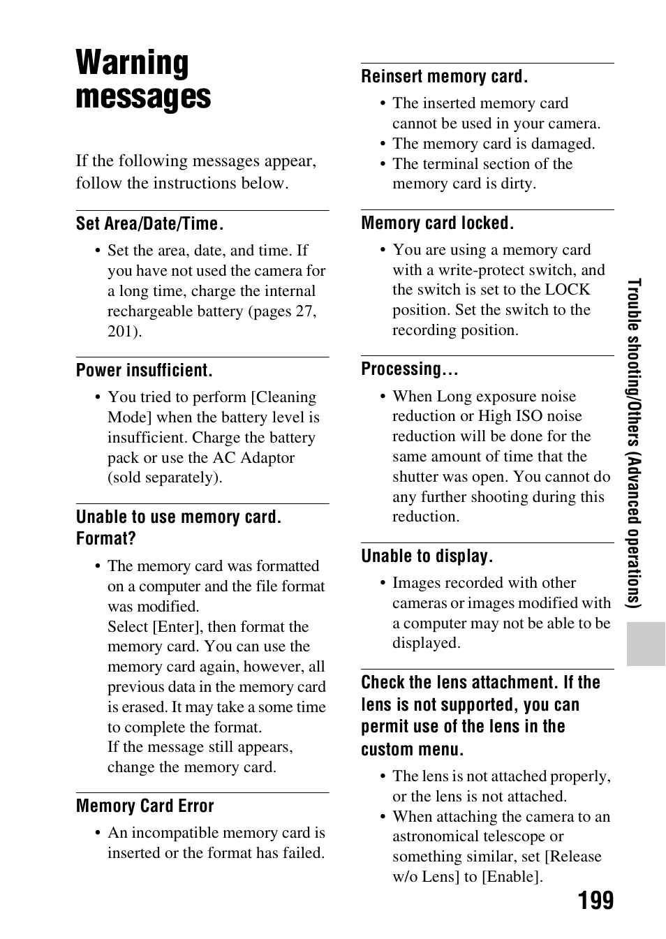 Warning messages, Trouble shooting/others (advanced operations) | Sony A57 User Manual | Page 199 / 215