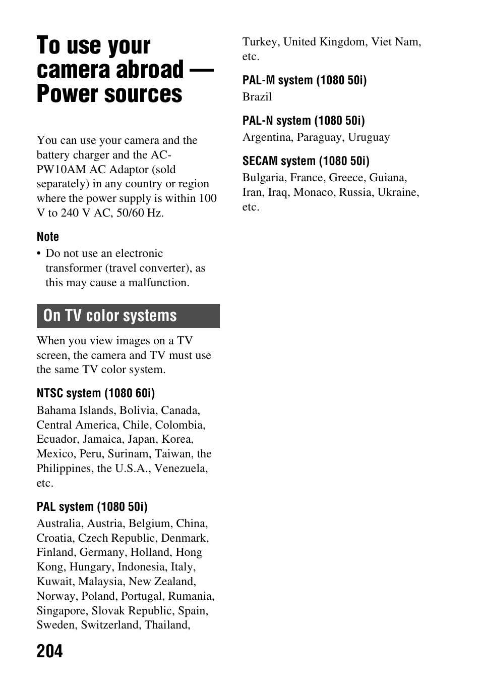 To use your camera abroad - power sources, To use your camera abroad — power sources, On tv color systems | Sony A57 User Manual | Page 204 / 215