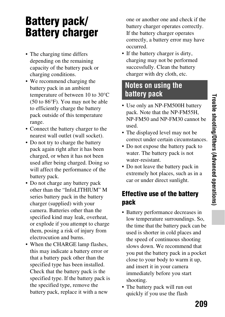 Battery pack/ battery charger, Battery pack/battery charger, Effective use of the battery pack | Sony A57 User Manual | Page 209 / 215