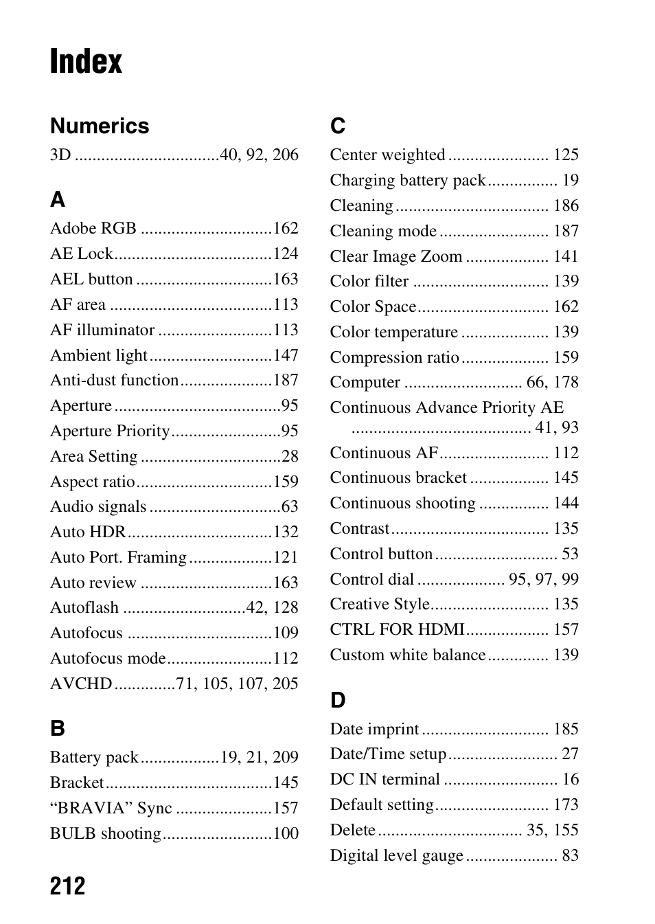 Index, Numerics | Sony A57 User Manual | Page 212 / 215