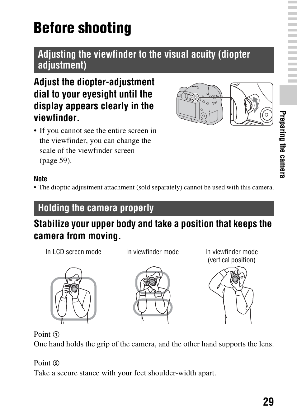 Before shooting, Holding the camera properly, Adjustment) | Sony A57 User Manual | Page 29 / 215