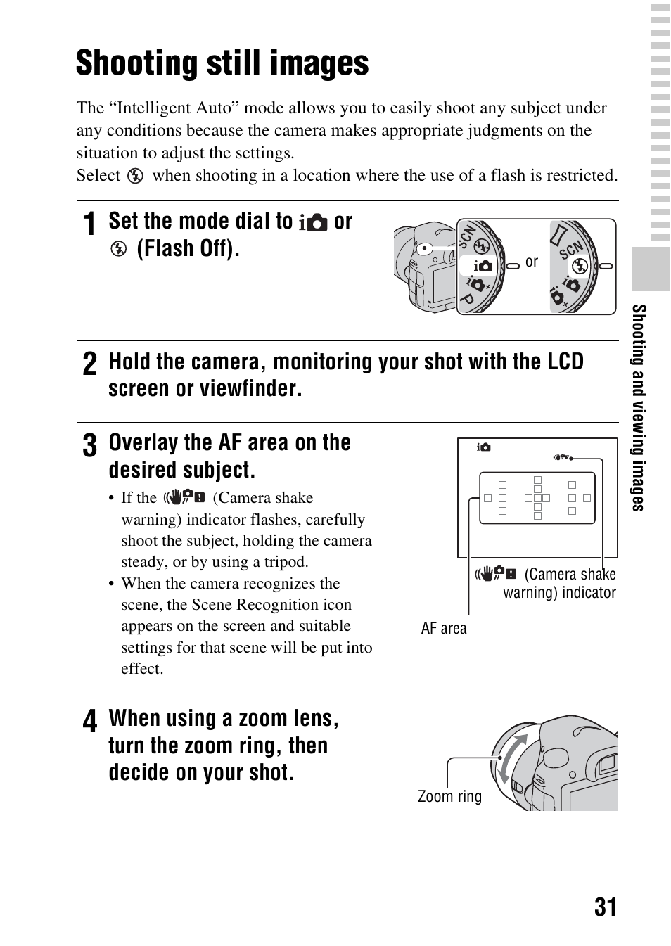 Shooting and viewing images, Shooting still images, On (31) | Sony A57 User Manual | Page 31 / 215