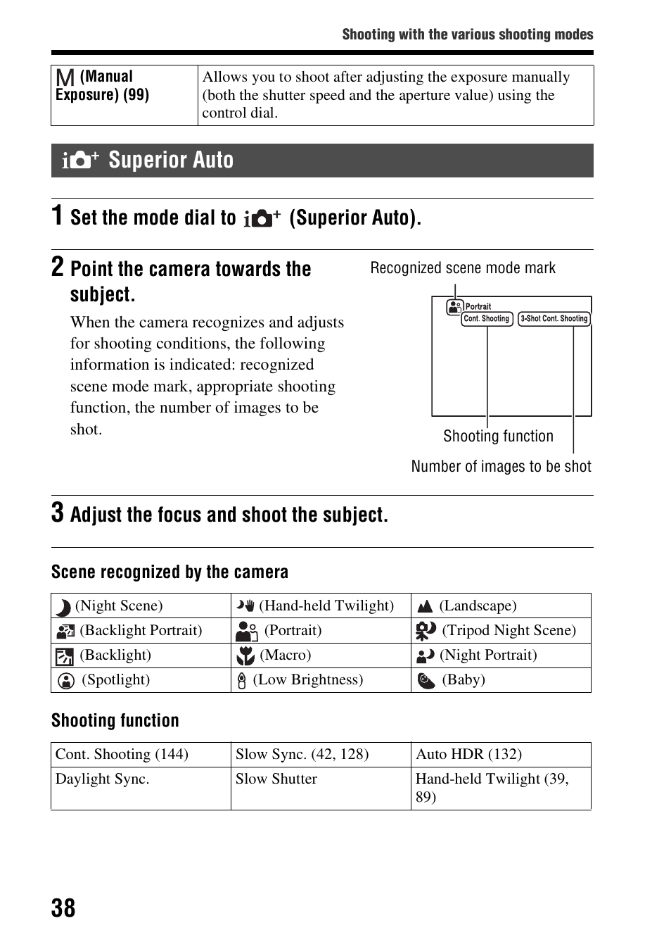 Superior auto, Set the mode dial to (superior auto), Point the camera towards the subject | Adjust the focus and shoot the subject | Sony A57 User Manual | Page 38 / 215